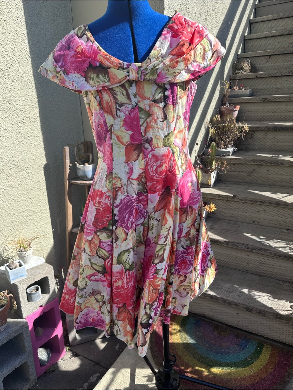 Vintage 1990’s Floral Fit-and-Flare Dress with Pink & Multicolor Roses